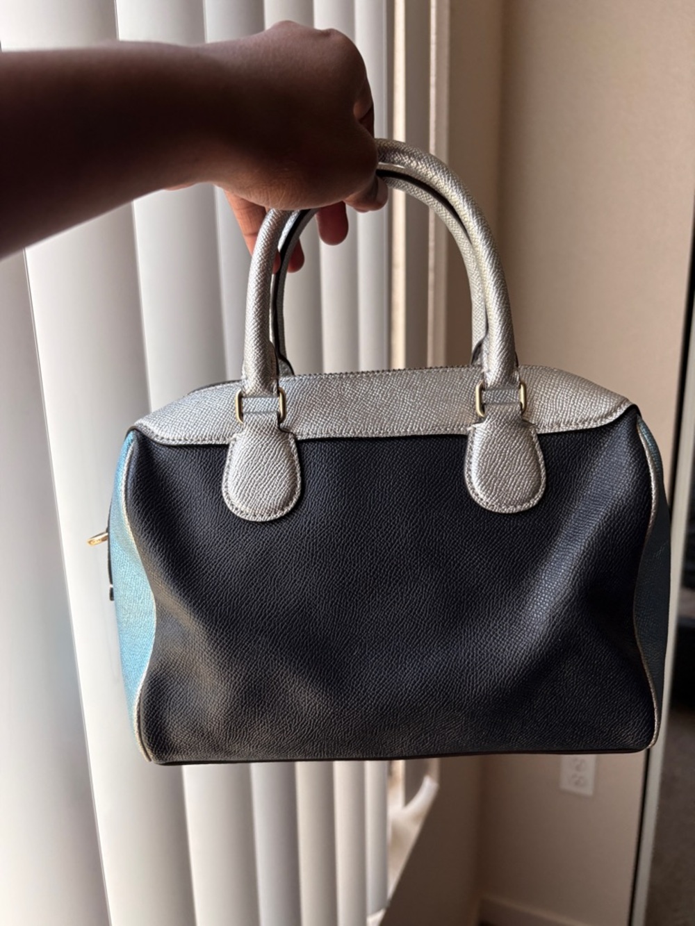 Coach Two-Tone Pebbled Leather Satchel - Blue & Silver - Picture 3 of 7